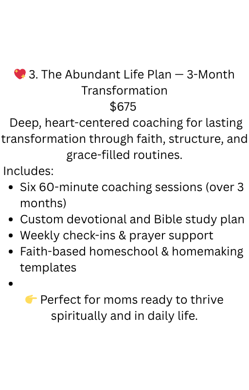 💖 3. the abundant life plan — 3 month transformation $675 (save $75) deep, heart centered coaching for lasting transformation through faith, structure, and grace filled routines. includes six 60