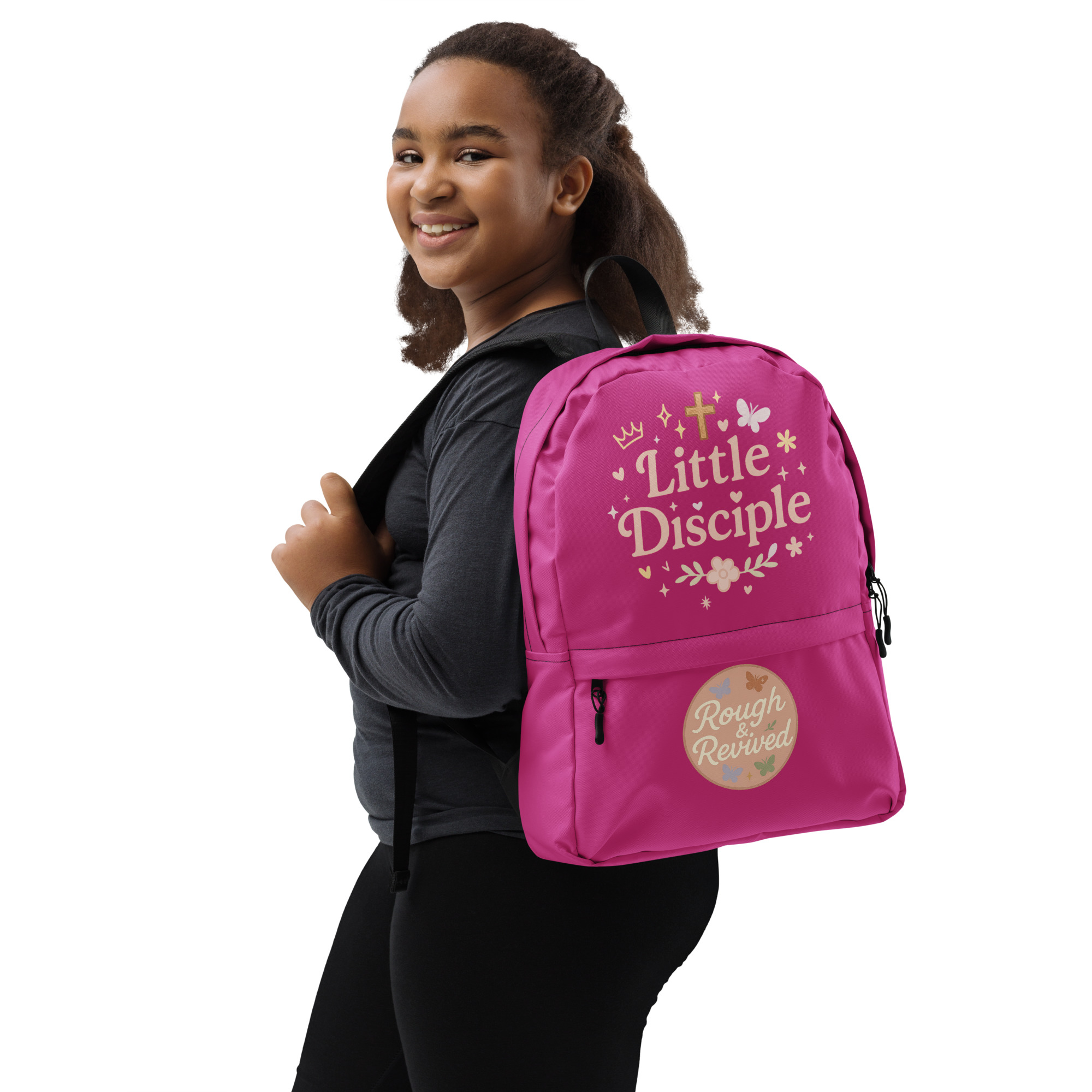 Little Disciple Girls Backpack | Christian Kids Backpack with Butterflies & Cross | Pink Faith School Bag for Girls