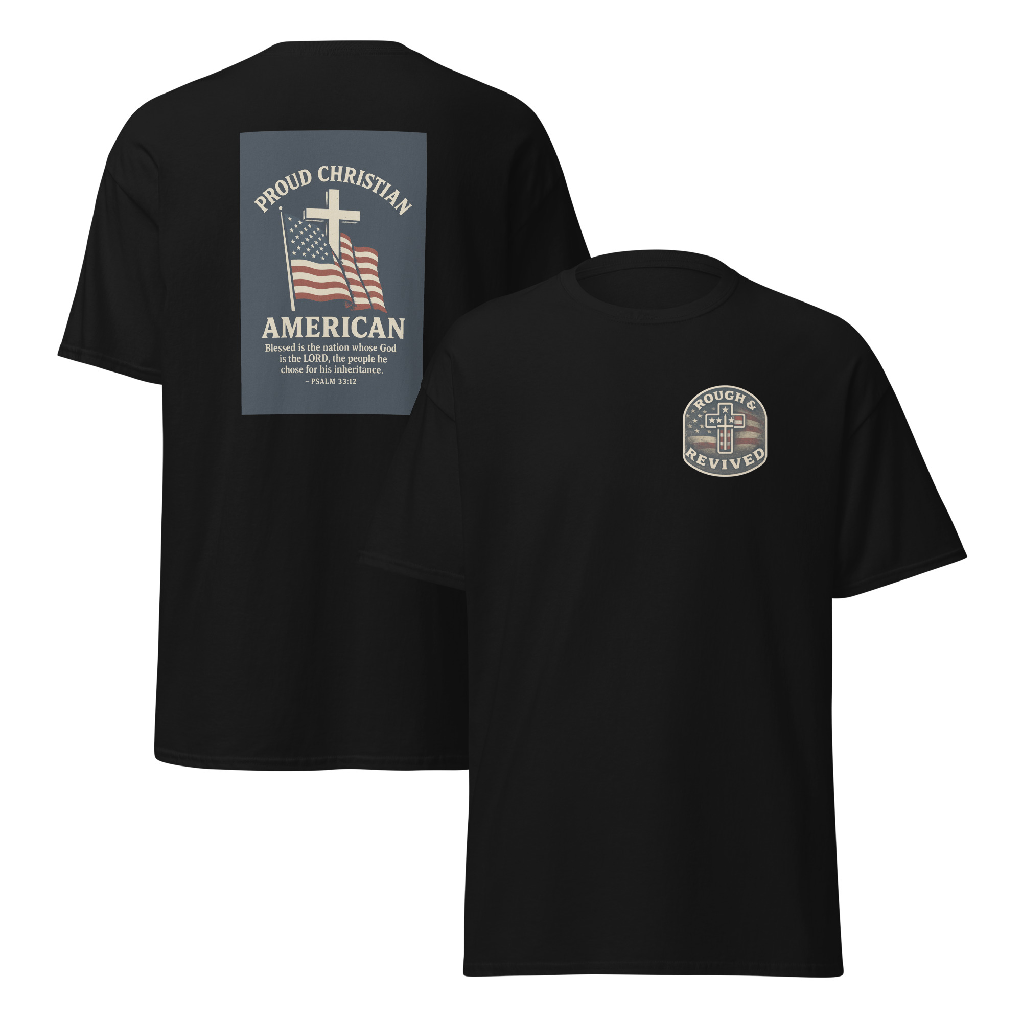 Proud Christian American Flag & Cross T-Shirt – Psalm 33:12 Patriotic Faith Tee - Image 3