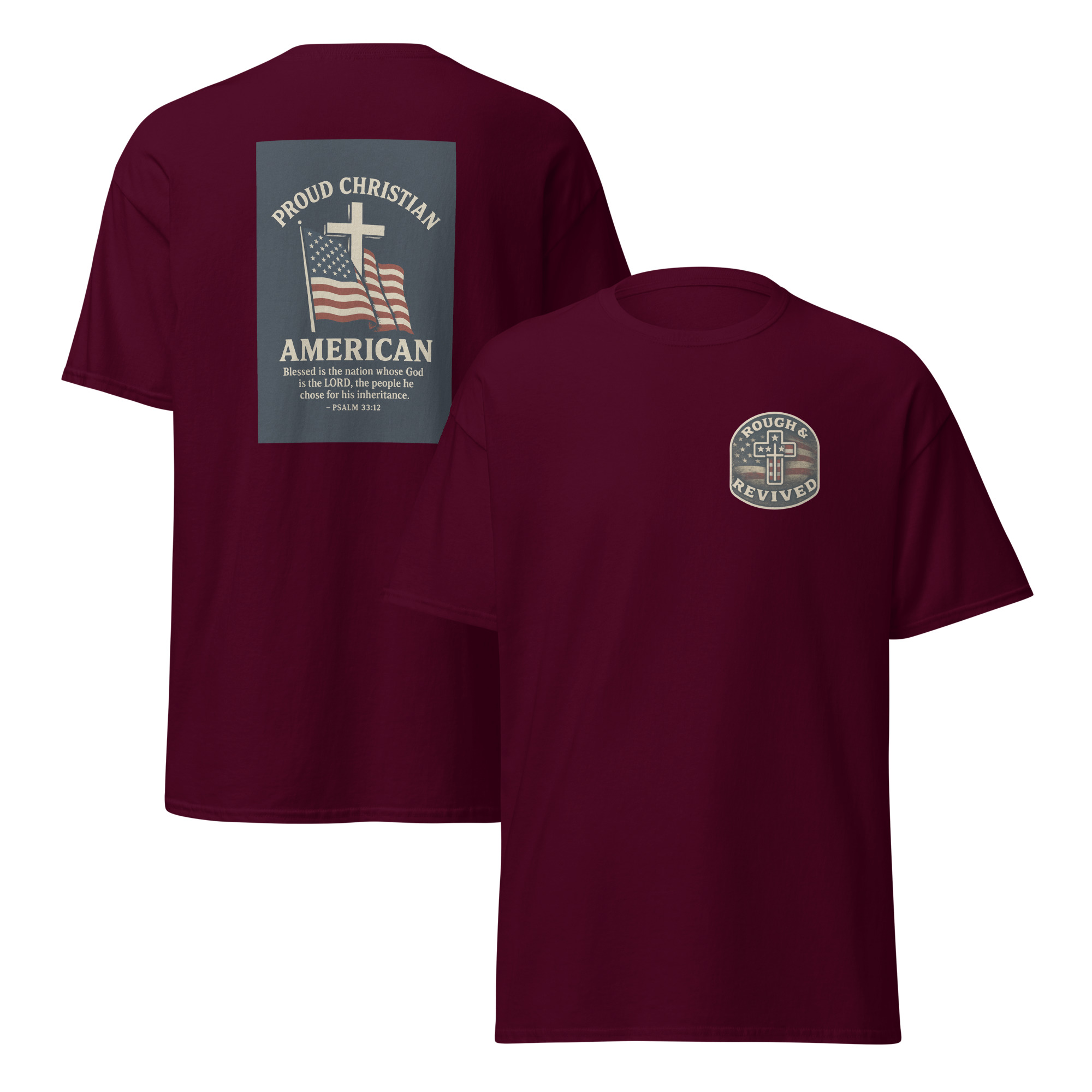 Proud Christian American Flag & Cross T-Shirt – Psalm 33:12 Patriotic Faith Tee - Image 2