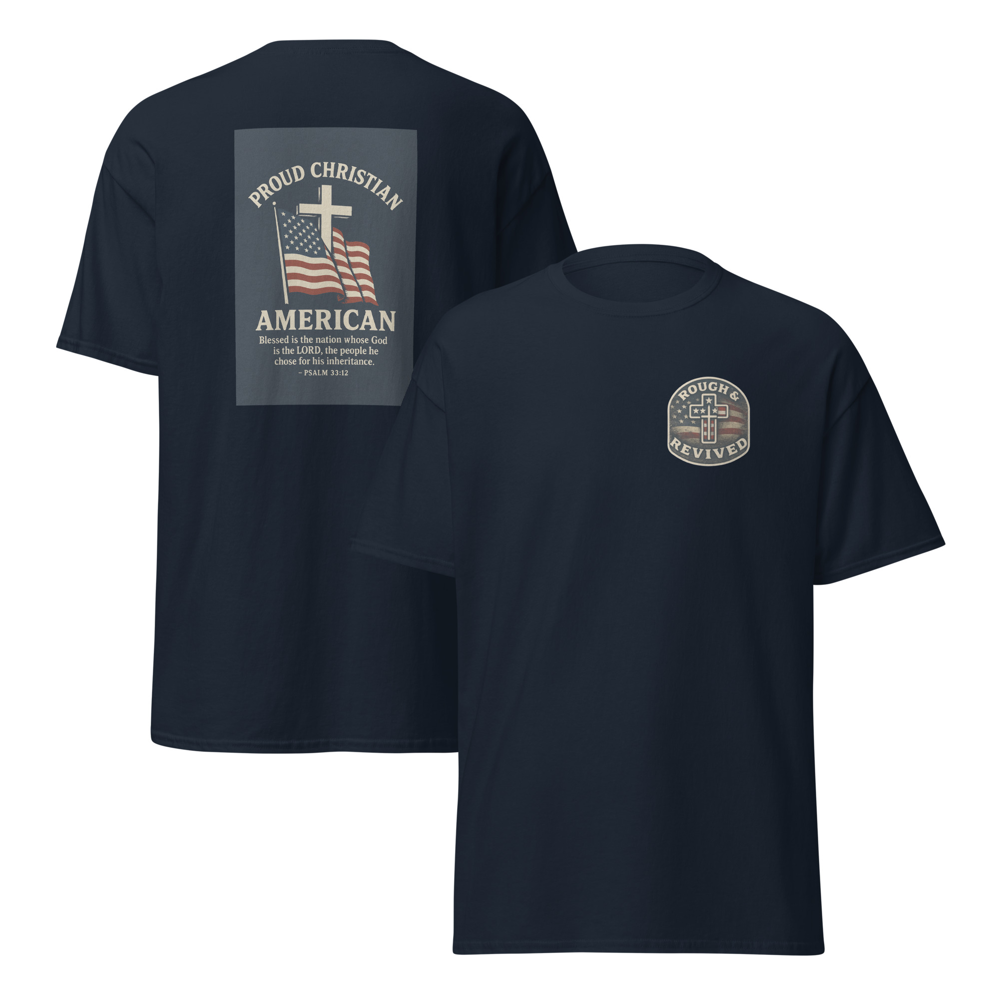 Proud Christian American Flag & Cross T-Shirt – Psalm 33:12 Patriotic Faith Tee - Image 4