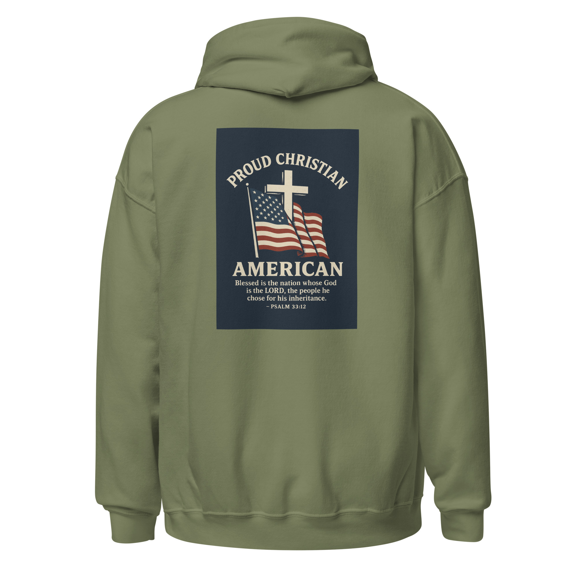 Proud Christian American “Rough & Revived” Hoodie – Cross Logo Front + Patriotic Back Design